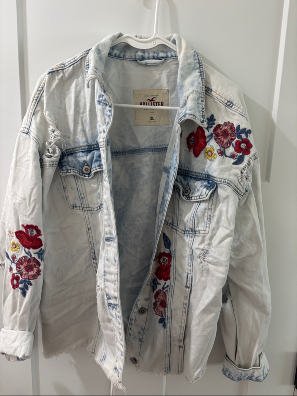 Hollister White Washed Denim Jacket with Red & Blue Floral Embroidery